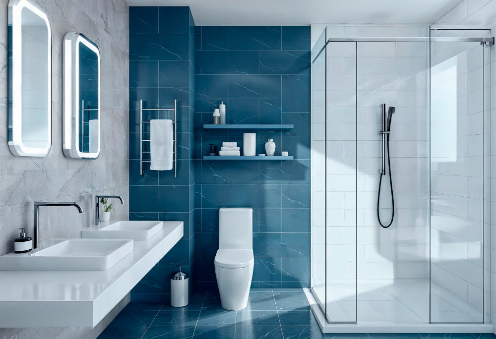 Modern bathroom with blue tiles, white fixtures, and a shower area.
