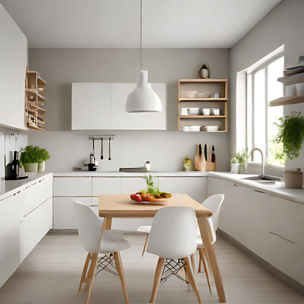 Modern kitchen with white cabinets, wooden dining table, and white chairs.