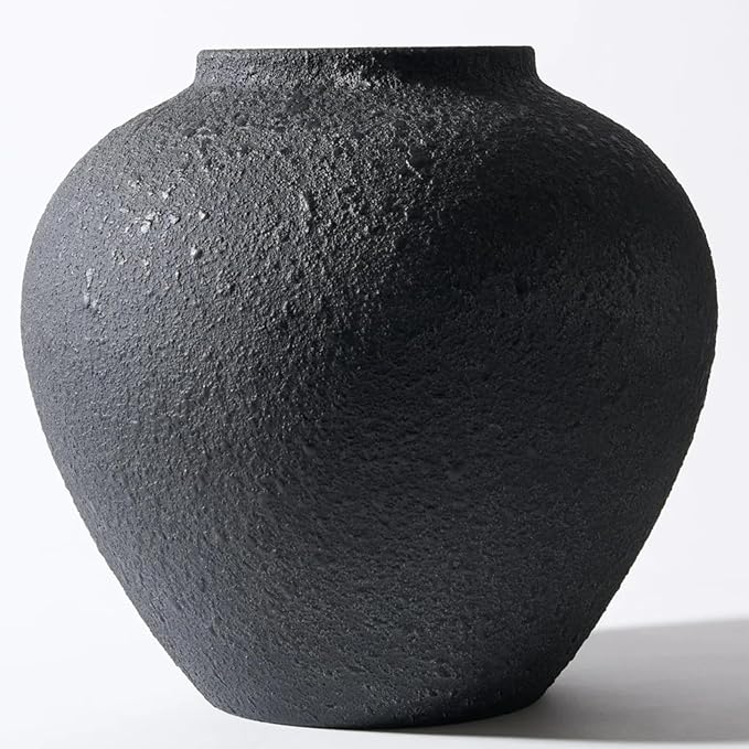Large Black Round Pottery Vase with Rustic Finish for Home Decor