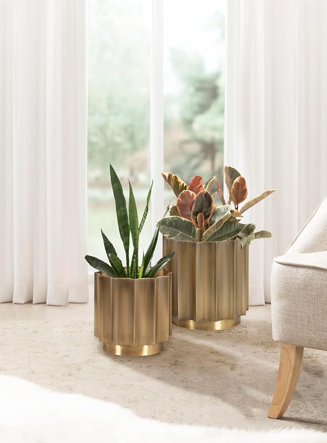 Vintage Antique Brass Metal Planter Set of 2 with Scalloped Base