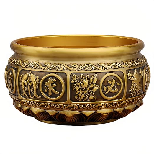 Solid Brass Feng Shui Wealth Bowl with Lotus & Eight Auspicious Symbols