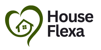 Logo of House Flexa with a green heart and house icon on a white background