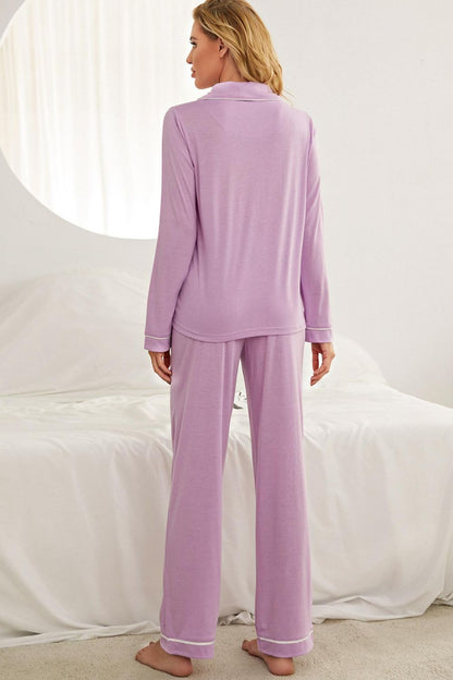 Contrast Piping Button Down Top and Pants Loungewear Set - House Flexa