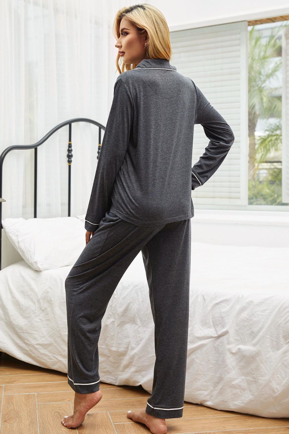 Contrast Piping Button Down Top and Pants Loungewear Set - House Flexa